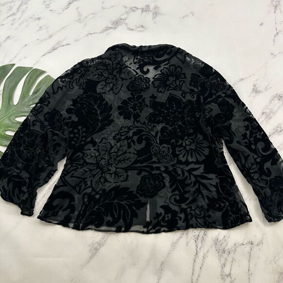 Vision Womens Vintage Y2k Velvet Floral Blouse Top Size L Black Sheer Ruffle - Picture 8 of 11